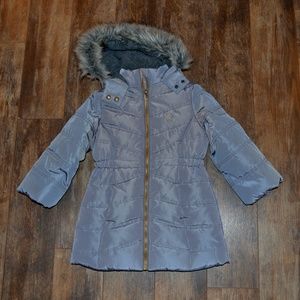 Calvin Klein Grey Coat. Knee length, down, zipper jacket with hood.